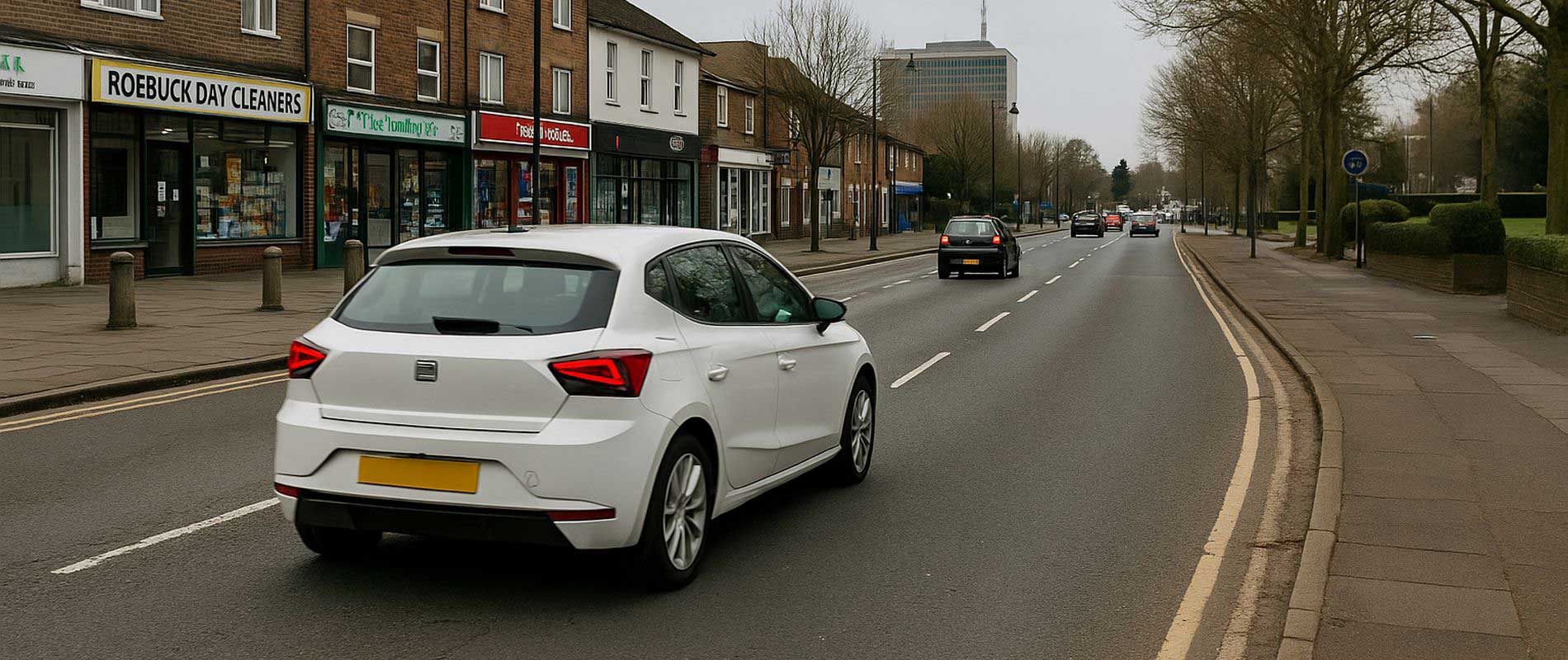 Vehicles passing through a quiet industrial area in stevenage